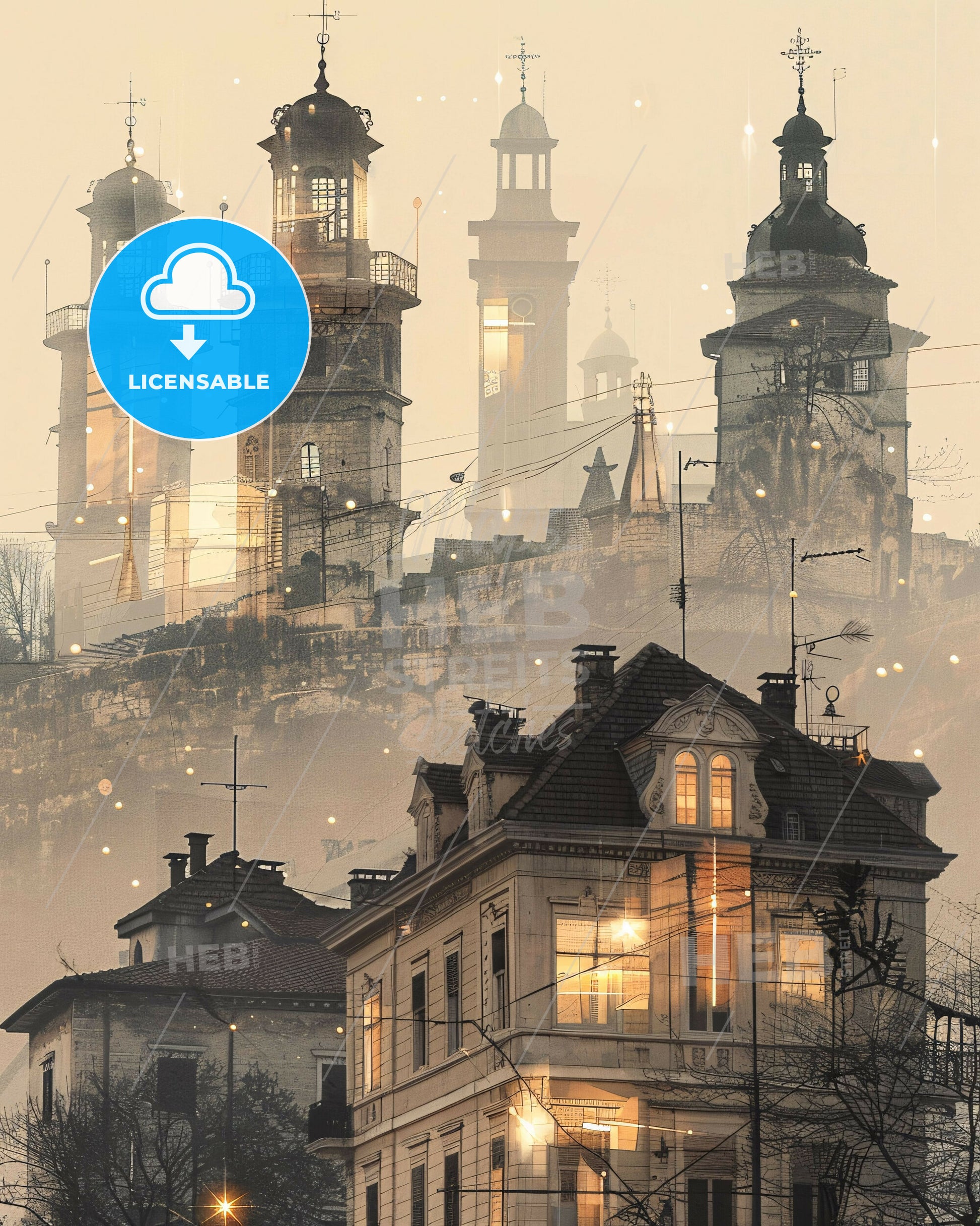 Pljevlja City Panorama with Local Icons Poster - A city with towers and towers