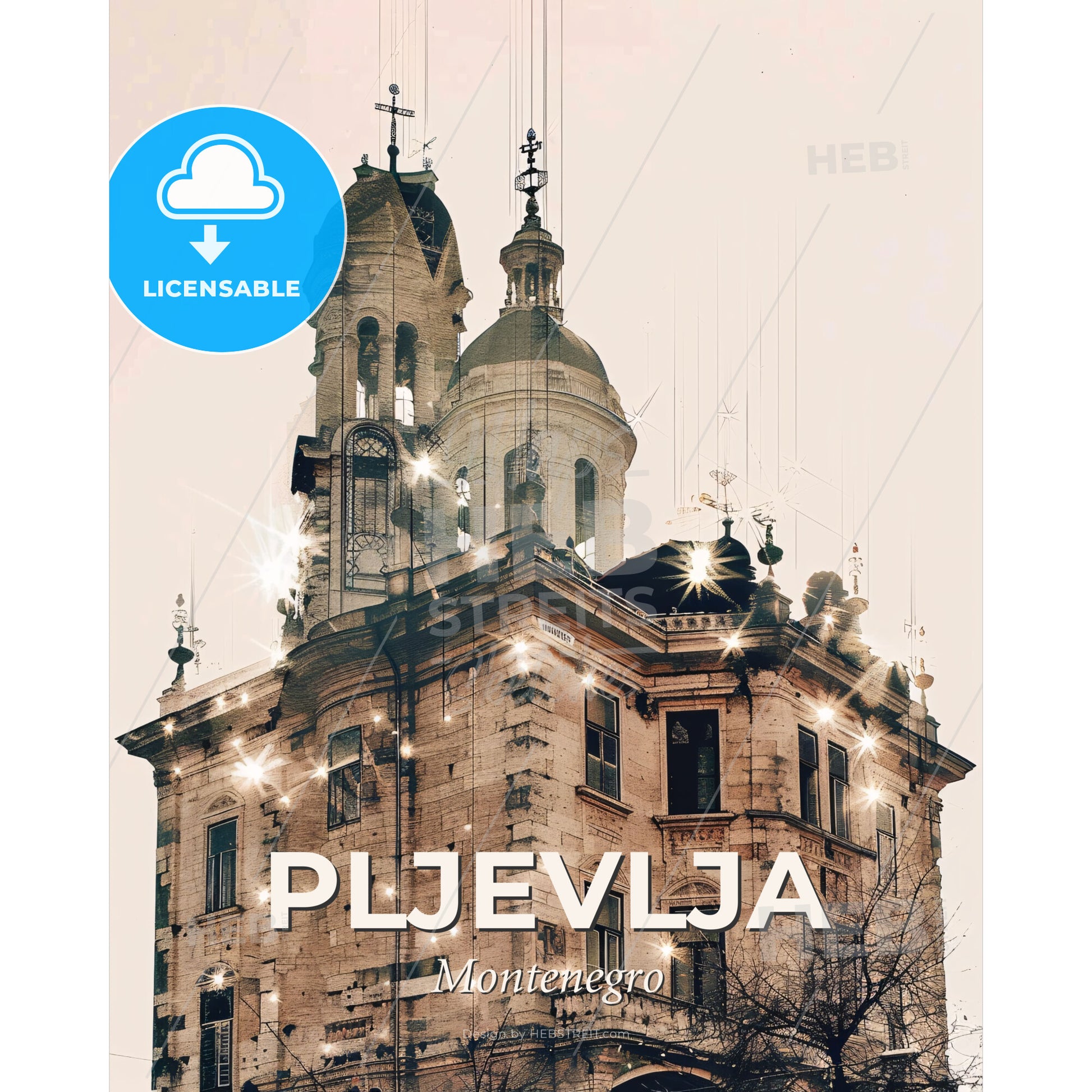 Pljevlja City Skyline Double Exposure Poster Art - A building with a tower and lights - Square format print template