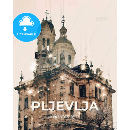 Pljevlja City Skyline Double Exposure Poster Art - A building with a tower and lights - Square format print template