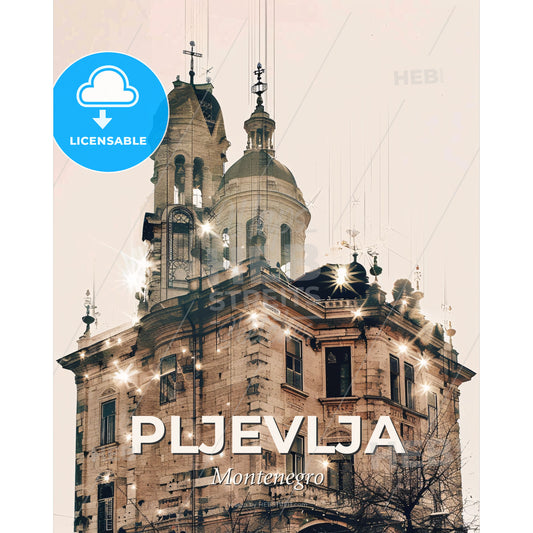 Pljevlja City Skyline Double Exposure Poster Art - A building with a tower and lights - Square format print template