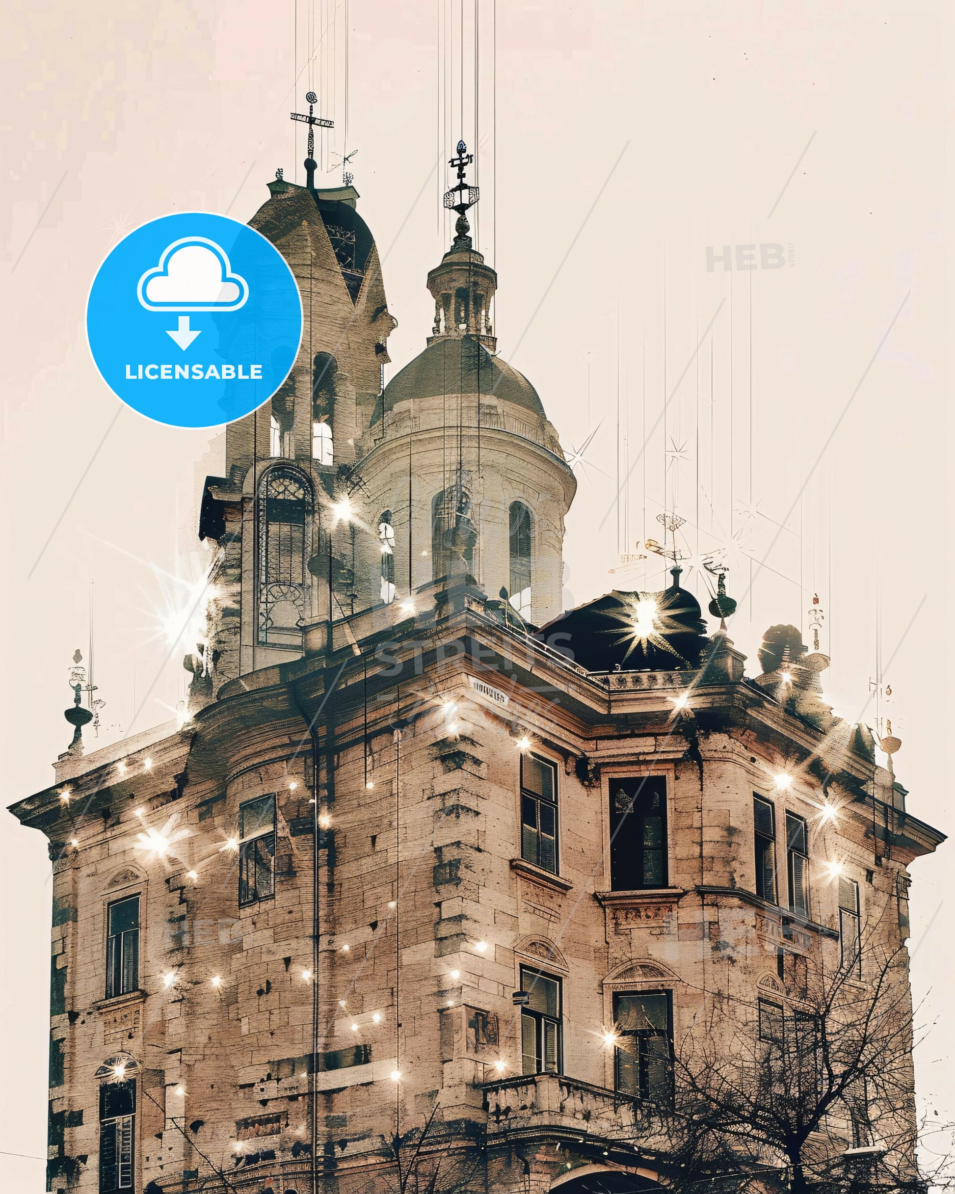 Pljevlja City Skyline Double Exposure Poster Art - A building with a tower and lights