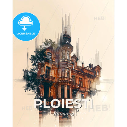 Ploiești Skyline Double Exposure Poster Art - A building with a tower and a tree - Square format print template