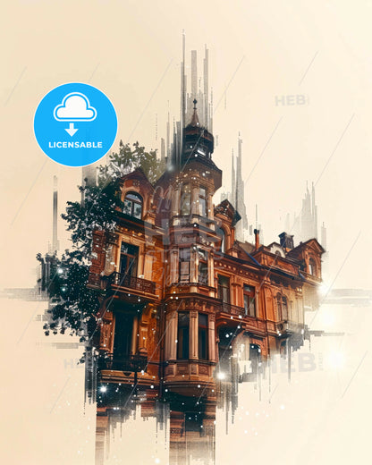 Ploiești Skyline Double Exposure Poster Art - A building with a tower and a tree