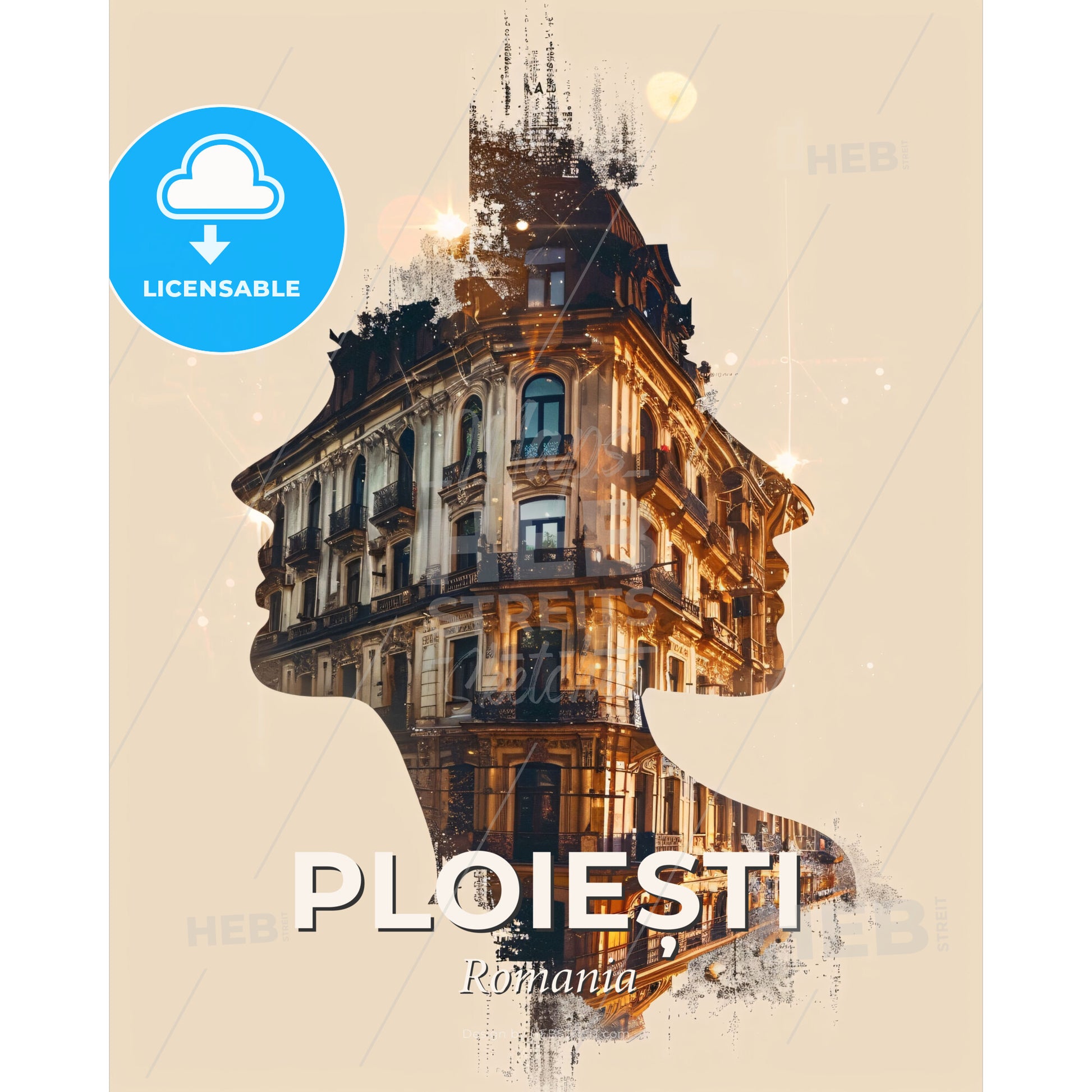 Ploiești Skyline: Romanian Architecture, Beige Elegance - A double exposure of a woman's head and a building - Square format print template