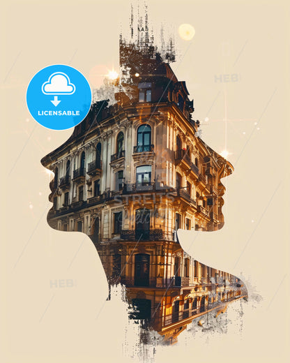 Ploiești Skyline: Romanian Architecture, Beige Elegance - A double exposure of a woman's head and a building