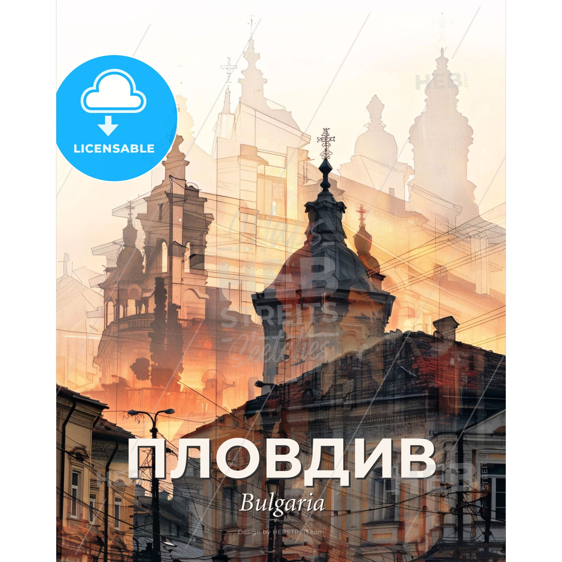 Plovdiv Skyline Composite Icon Silhouette Poster - A city with buildings and towers - Square format print template