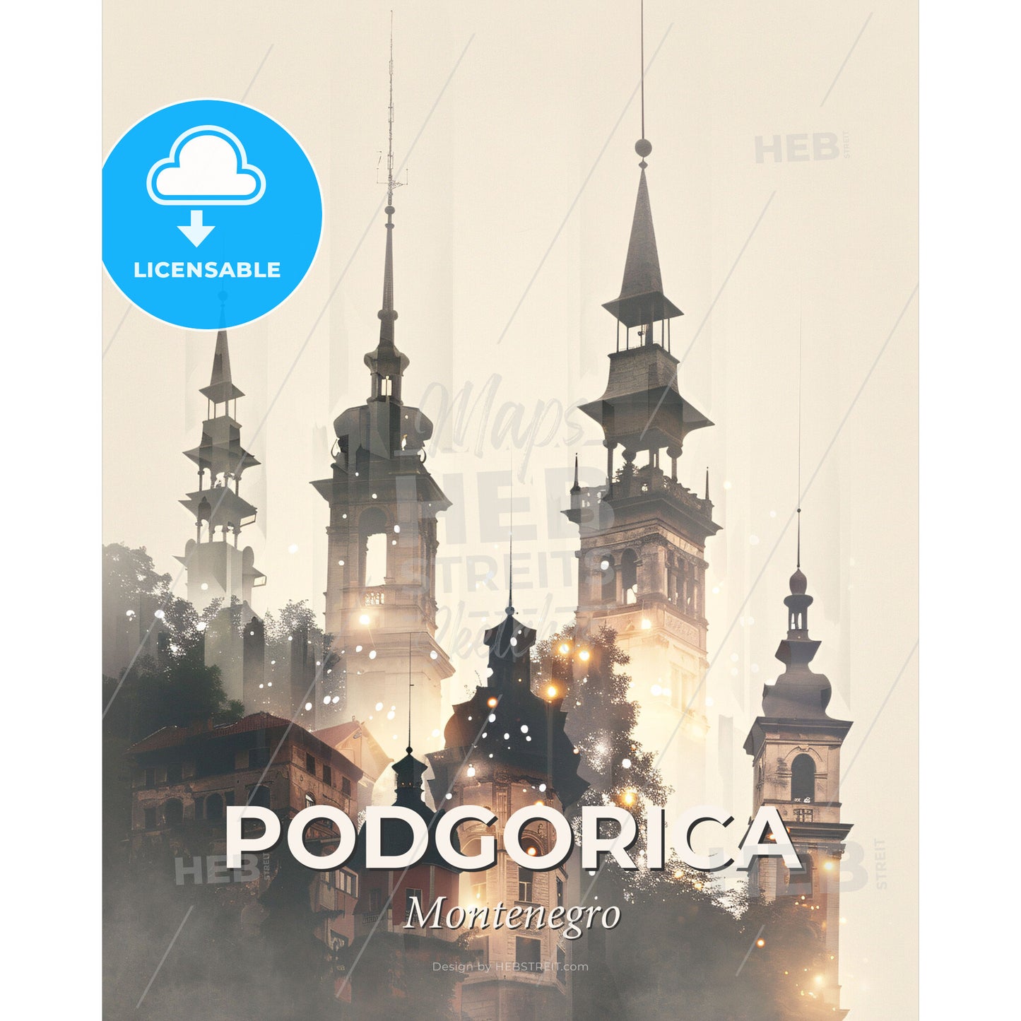 Podgorica City Symphony Art Poster - A group of buildings with towers - Square format print template