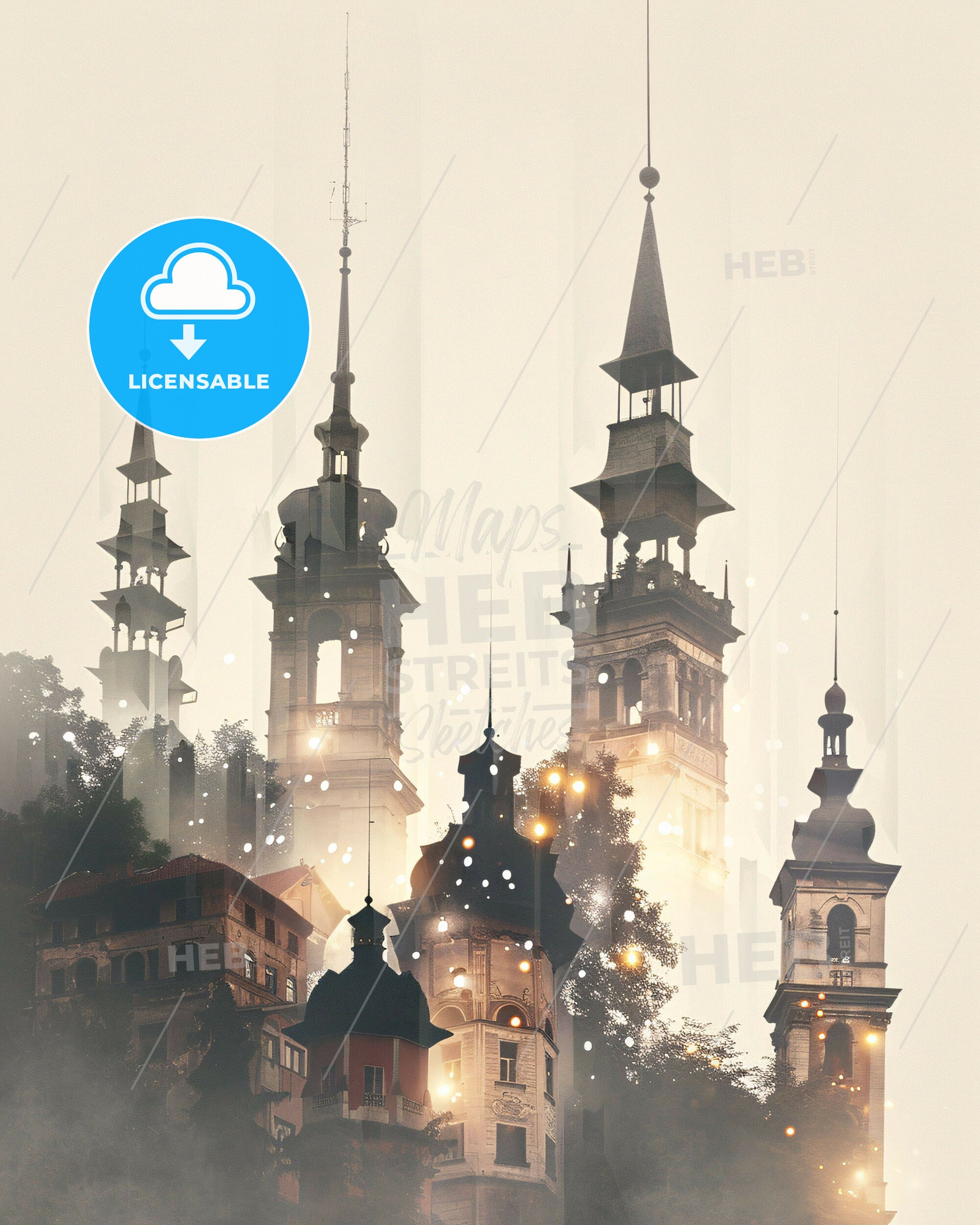 Podgorica City Symphony Art Poster - A group of buildings with towers