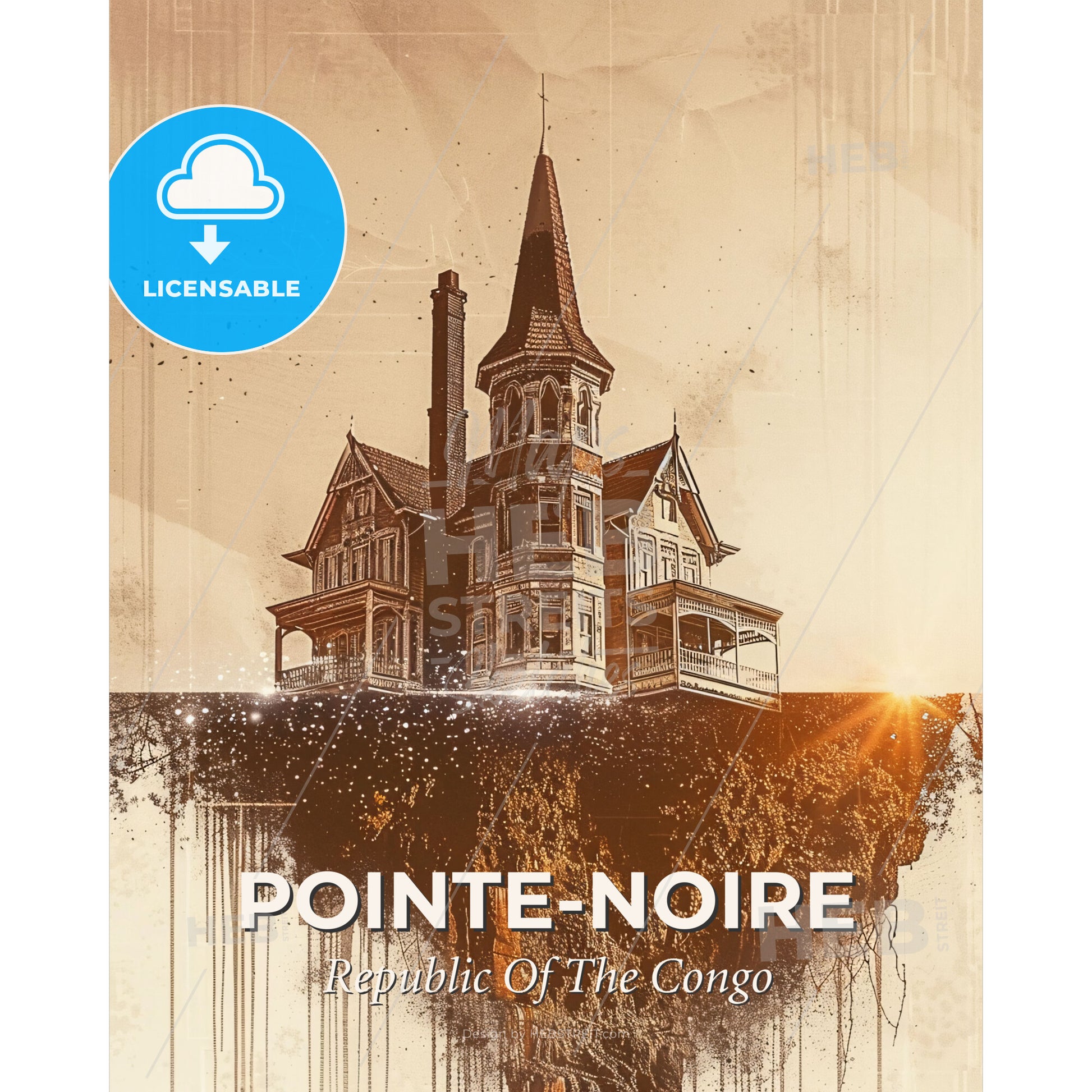 Pointe-Noire Skyline Double Exposure Cityscape Art Print - A house on a cliff - Square format print template
