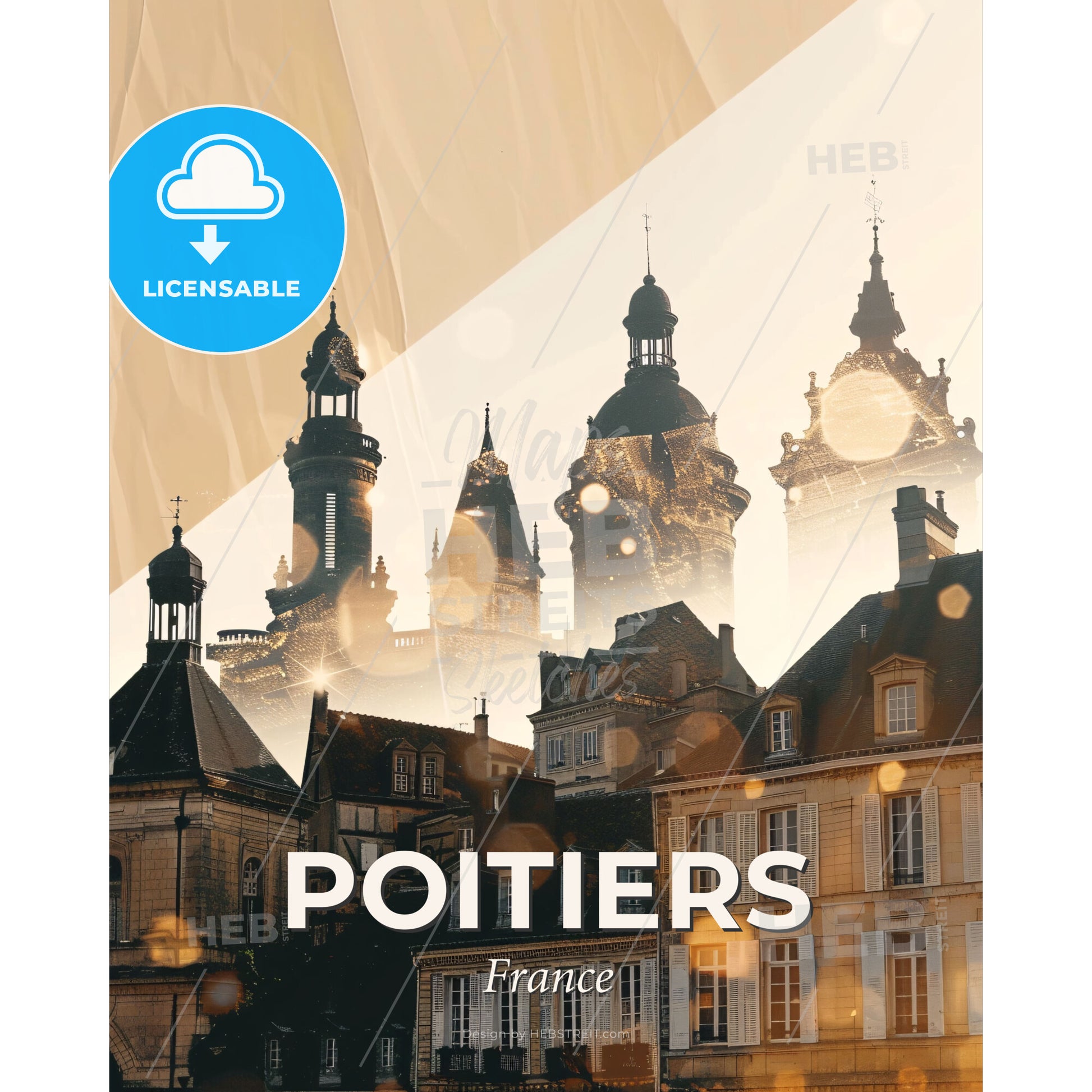 Poitiers - Radiant Ruins Skyline Silhouette - A group of buildings with towers - Square format print template