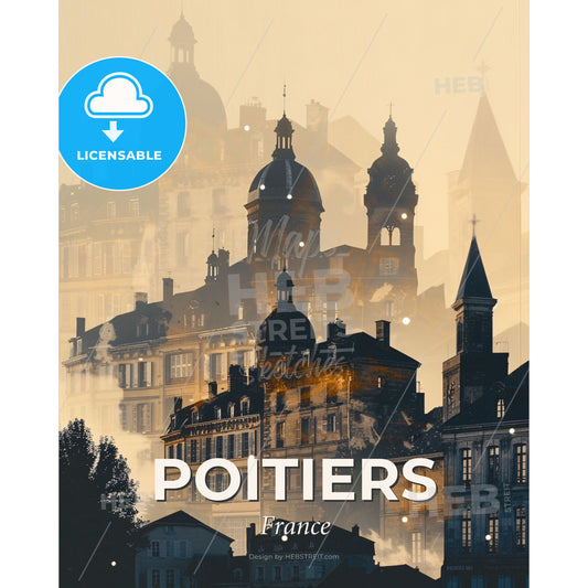 Poitiers Panorama Poster with Subdued Backlights - A group of buildings with towers and spires - Square format print template