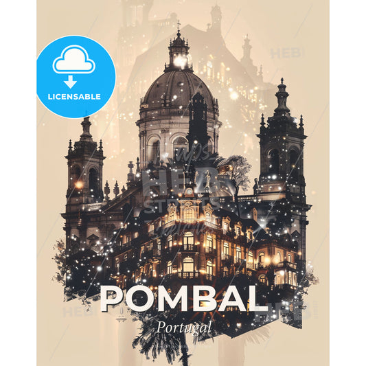 Pombal City Skyline Double Exposure Art Print - A building with a dome and a dome on top - Square format print template