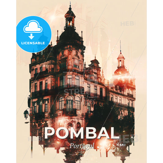 Pombal Portugal Skyline Poster Design Art - A building with a tower and a street light - Square format print template