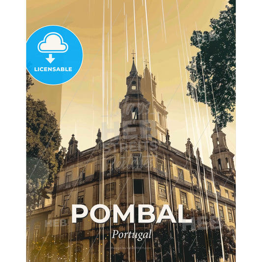 Pombal City Skyline Double Exposure Art - A building with a tower and trees - Square format print template