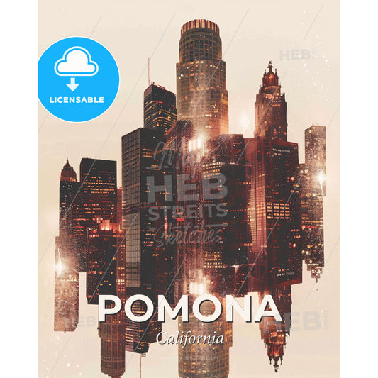 Pomona City Skyline Art: Double Exposure - A city skyline with many tall buildings - Square format print template