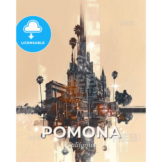 Pomona City Icons Glimmering Skyline Art - A building with palm trees and a reflection of the water - Square format print template