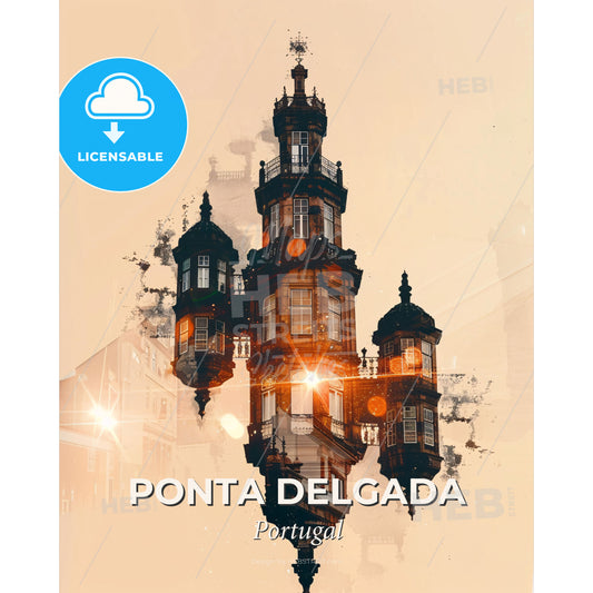 Ponta Delgada Skyline Sparkle Poster Delight - A building with many windows - Square format print template