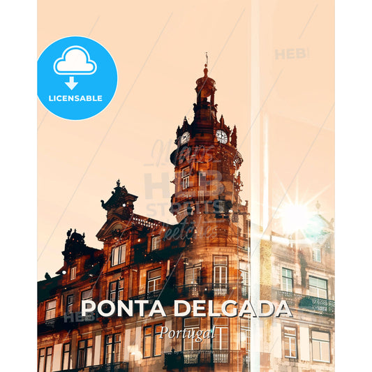 Ponta Delgada Skyline Double Exposure Dreamy Art - A building with a clock tower - Square format print template