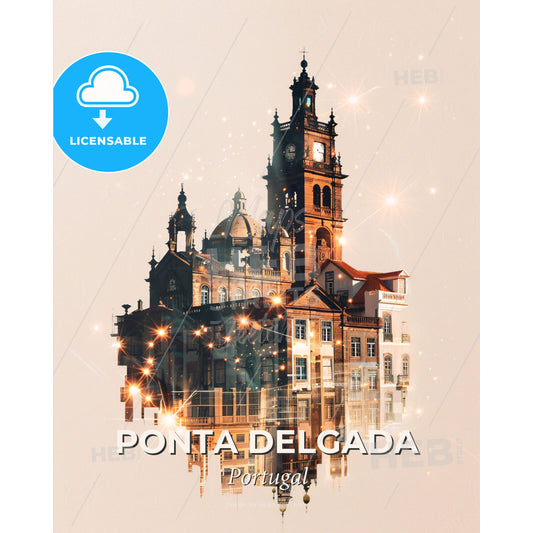 Ponta Delgada Skyline Double Exposure Poster Art - A building with a clock tower - Square format print template