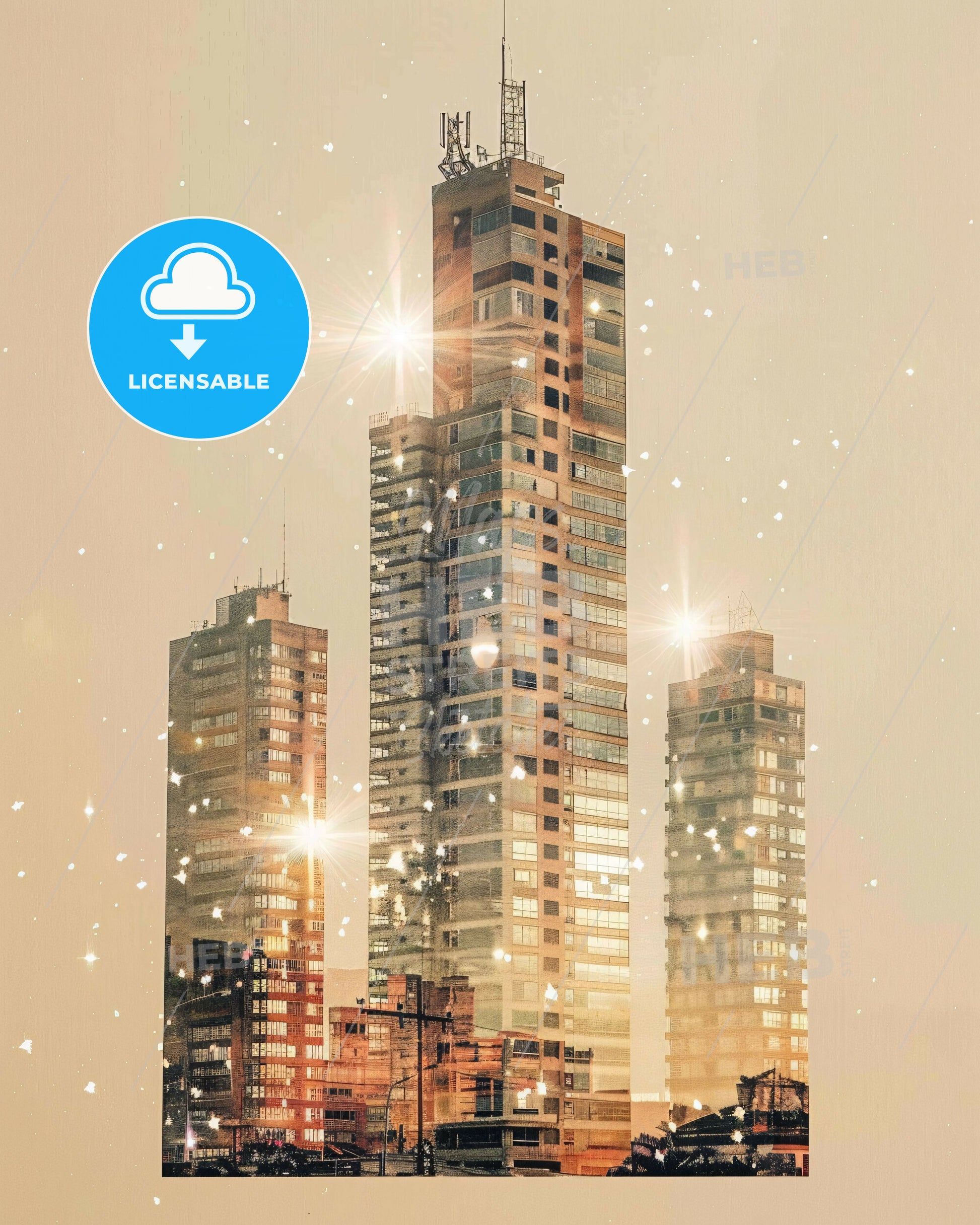 Ponta Grossa Skyline Double Exposure Composite Art - A tall buildings with snow falling