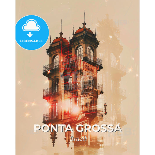Ponta Grossa City Skyline Bright Composite Poster - A building with a tower - Square format print template