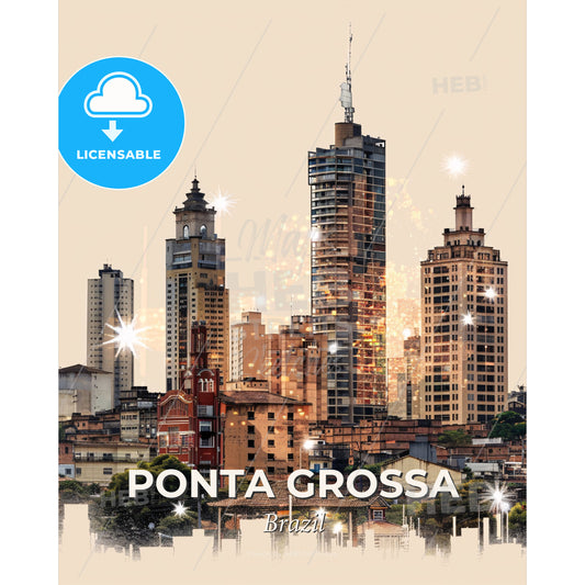 Ponta Grossa Cityscape Double Exposure Symphony - A city skyline with many tall buildings - Square format print template