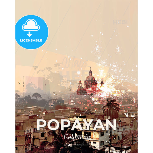 Popayan: CityLights Skyline Art Poster - A large city with buildings and fireworks - Square format print template