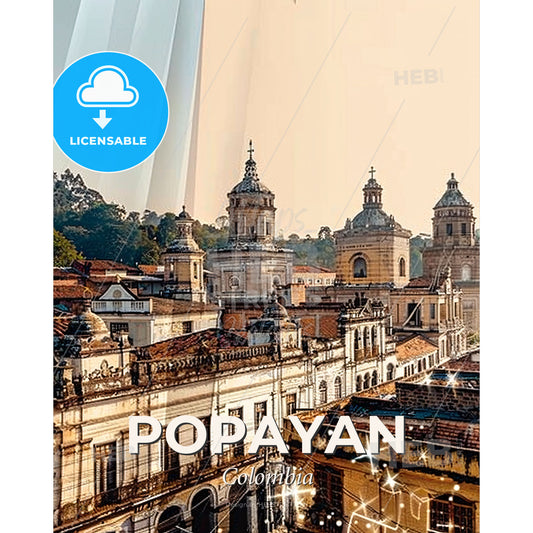 Popayan City Skyline Composite Art on Beige - A group of buildings with trees in the background - Square format print template