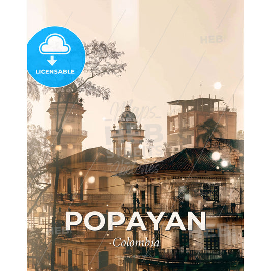 Popayan City Skyline Double Exposure Poster Art - A group of buildings with trees and a tower - Square format print template