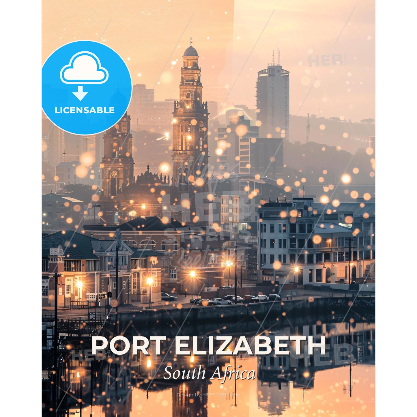 Port Elizabeth Skyline Art on Beige - A city with lights and water - Square format print template