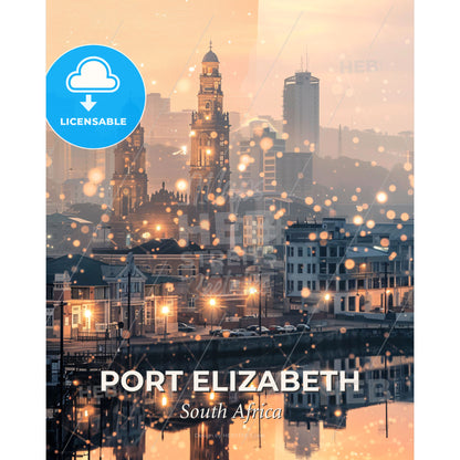Port Elizabeth Skyline Art on Beige - A city with lights and water - Square format print template