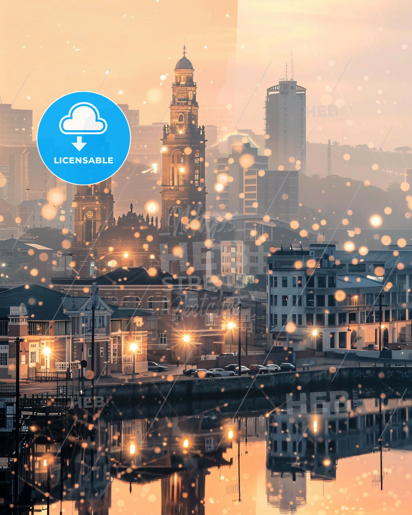 Port Elizabeth Skyline Art on Beige - A city with lights and water