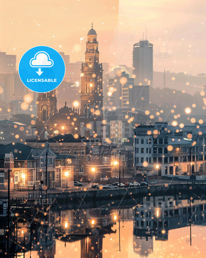 Port Elizabeth Skyline Art on Beige - A city with lights and water