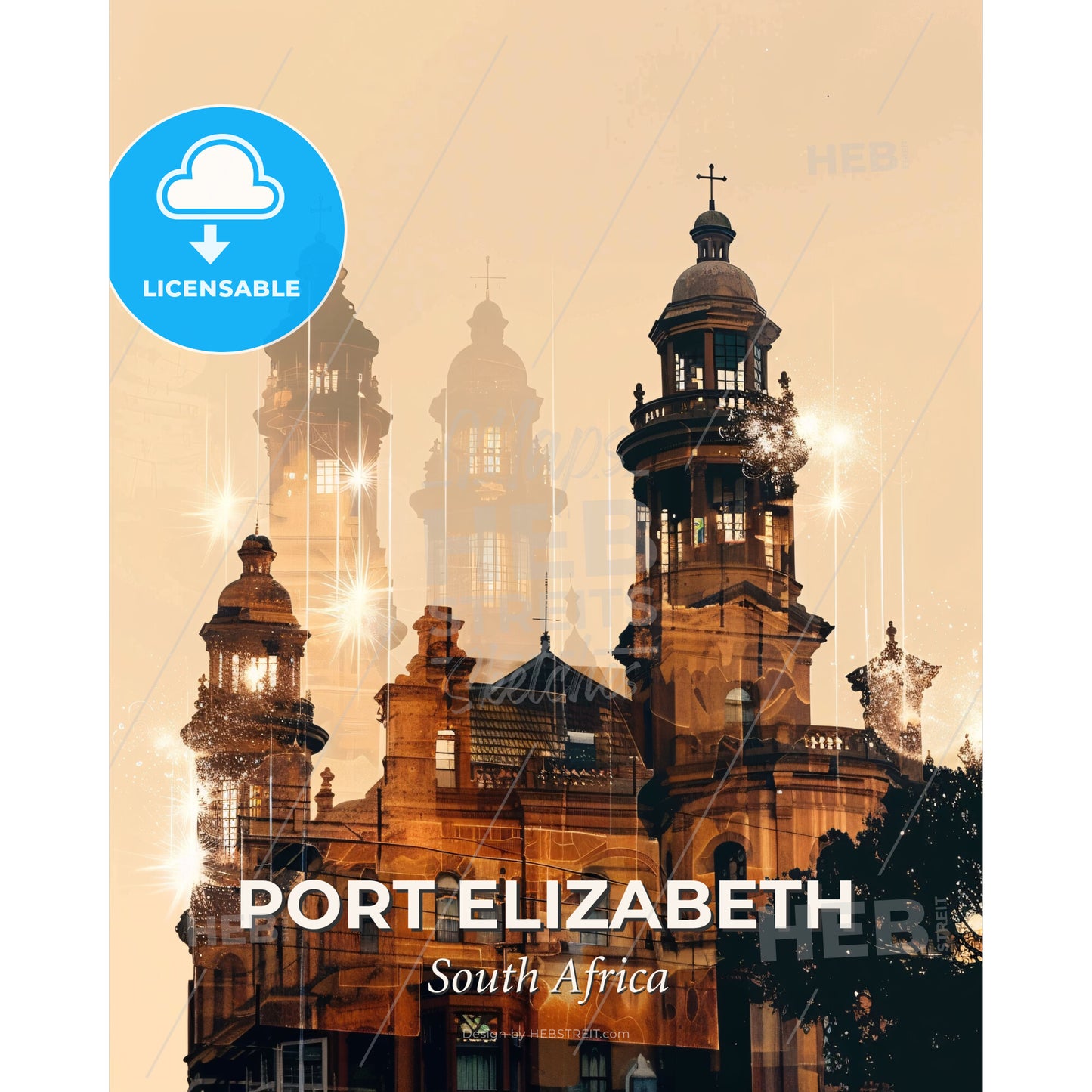 Port Elizabeth Double Exposure Art Composite Skyline - A building with towers and lights - Square format print template