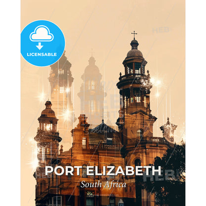 Port Elizabeth Double Exposure Art Composite Skyline - A building with towers and lights - Square format print template