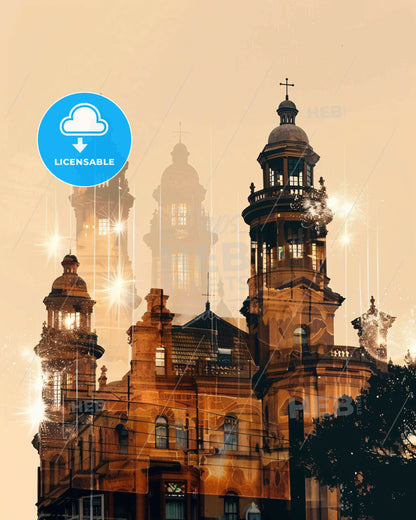 Port Elizabeth Double Exposure Art Composite Skyline - A building with towers and lights