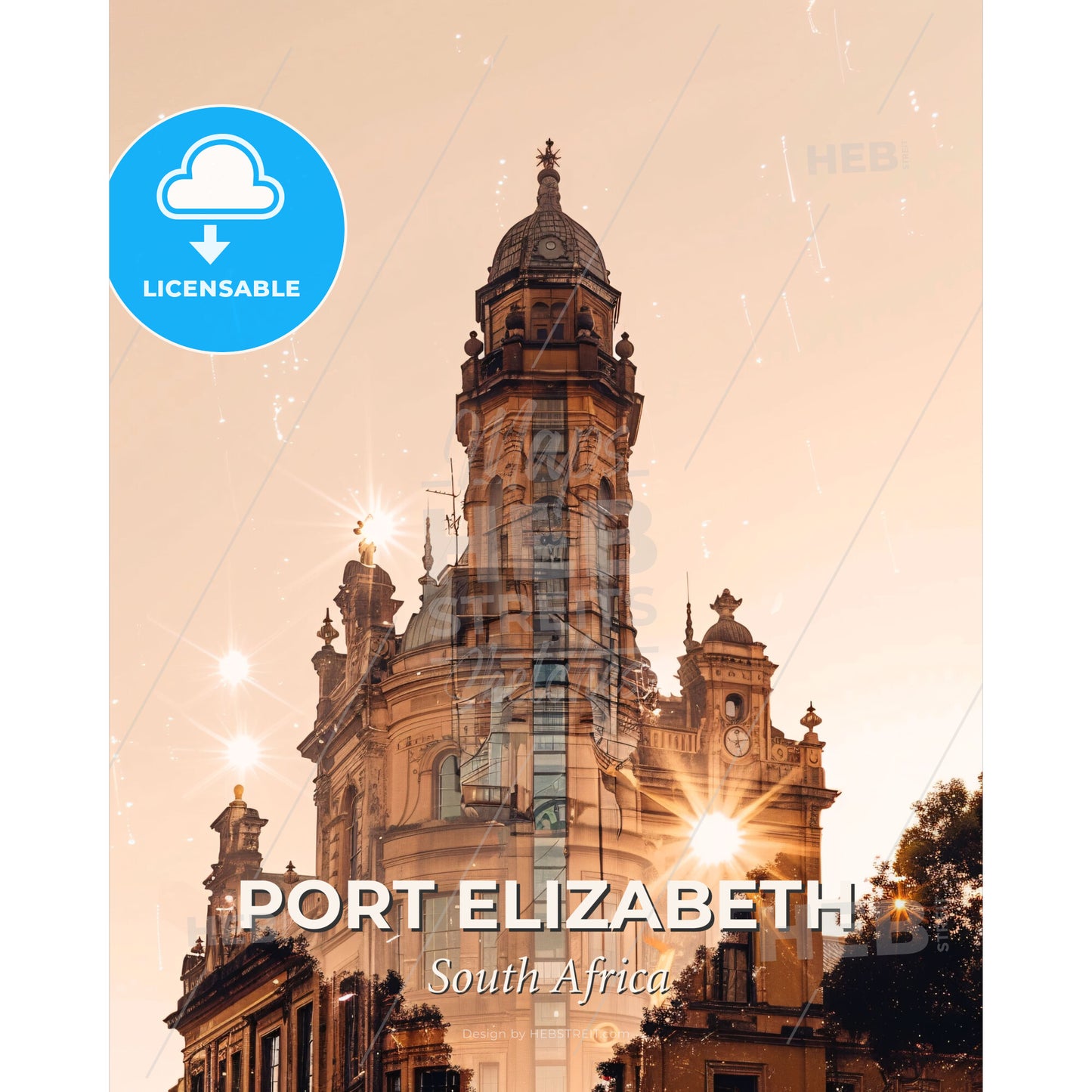 Port Elizabeth Skyline Composite Art Poster - A building with a clock tower and sun rays - Square format print template