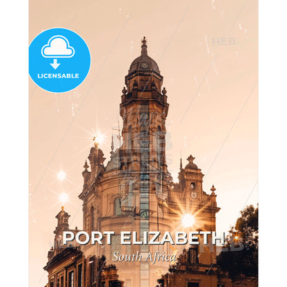 Port Elizabeth Skyline Composite Art Poster - A building with a clock tower and sun rays - Square format print template