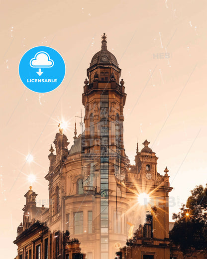 Port Elizabeth Skyline Composite Art Poster - A building with a clock tower and sun rays