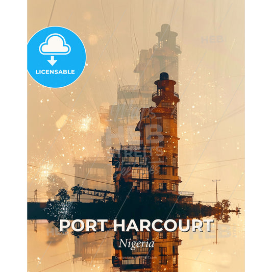 Port Harcourt: Architectural Skyline Masterpiece - A building with a tower and a reflection of a building - Square format print template
