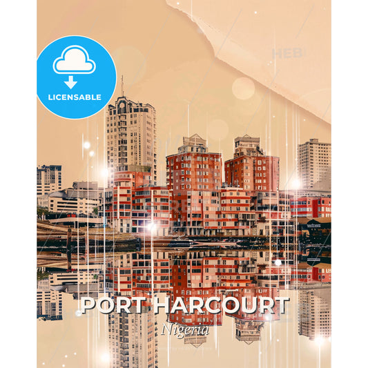 Port Harcourt Skyline Double Exposure Art Poster - A city with many buildings reflected in water - Square format print template