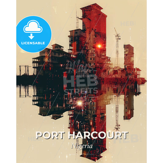 Port Harcourt Skyline Art Deco Composite - A city with cranes reflected in water - Square format print template