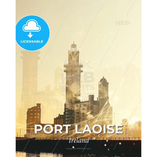 Port Laoise: Double Exposure Icon Skyline - A city with tall buildings and fog - Square format print template