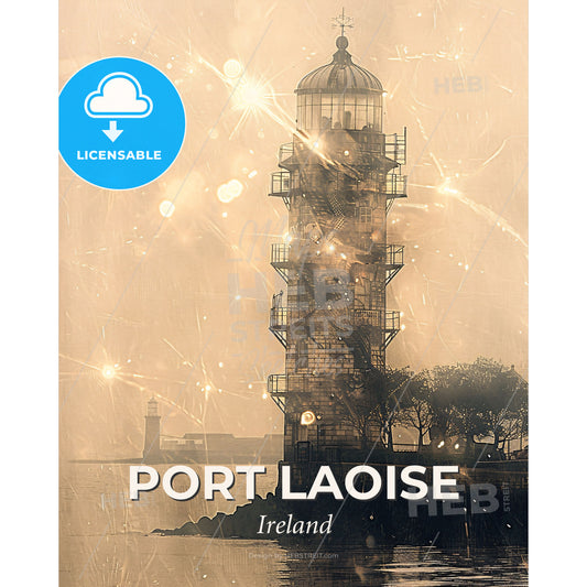 Port Laoise Skyline Art, Bright Beige Paper Background - A lighthouse with a light house - Square format print template