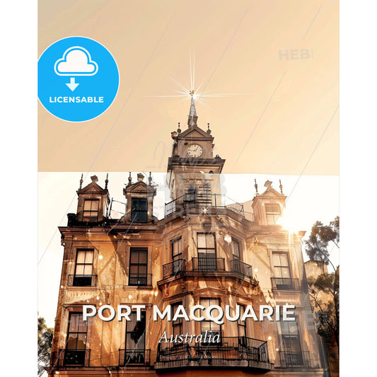 Port Macquarie Cityscape Composite Art Double Exposure - A building with a clock tower - Square format print template