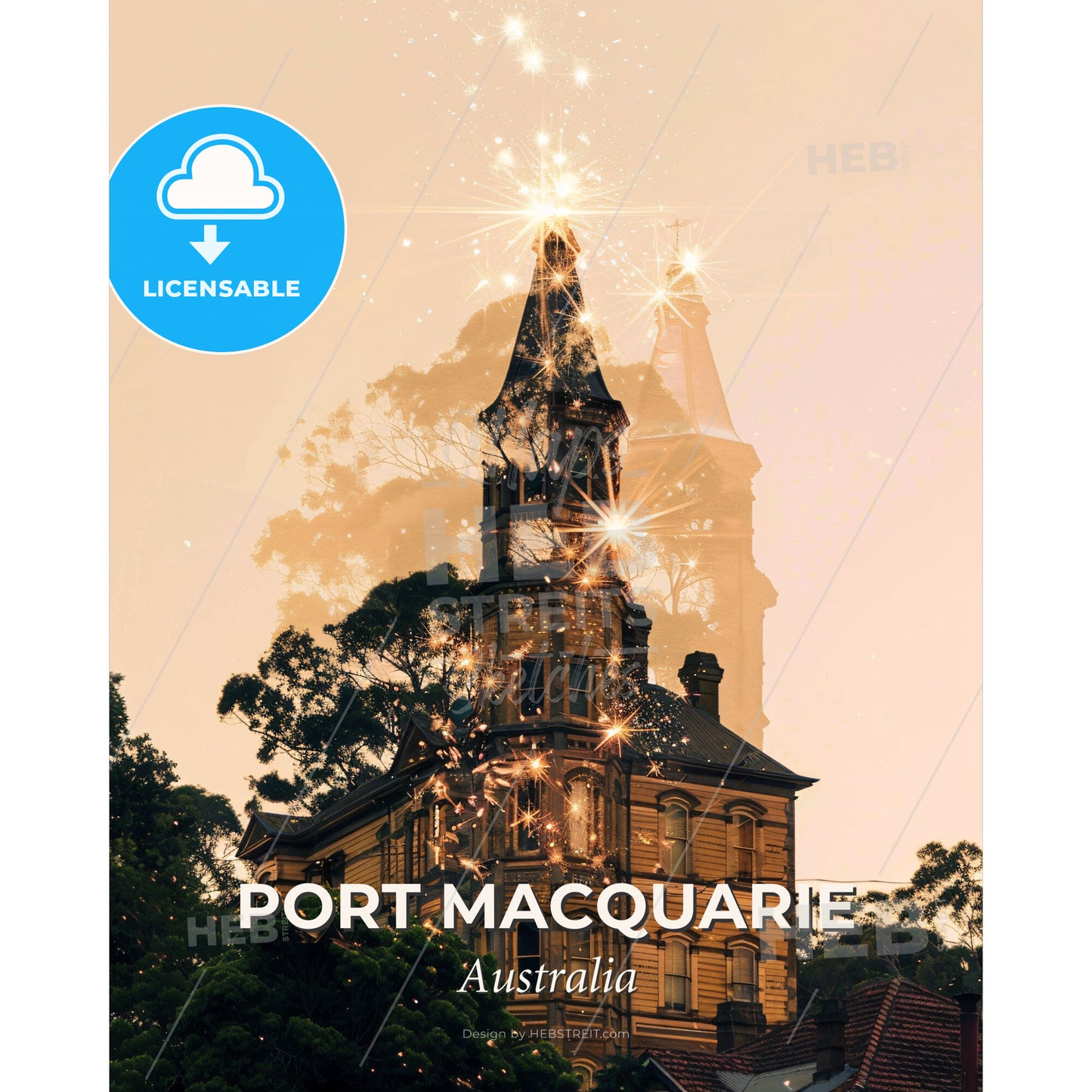 Port Macquarie Skyline Art - Vibrant Beige Sparks - A building with a tower and trees - Square format print template