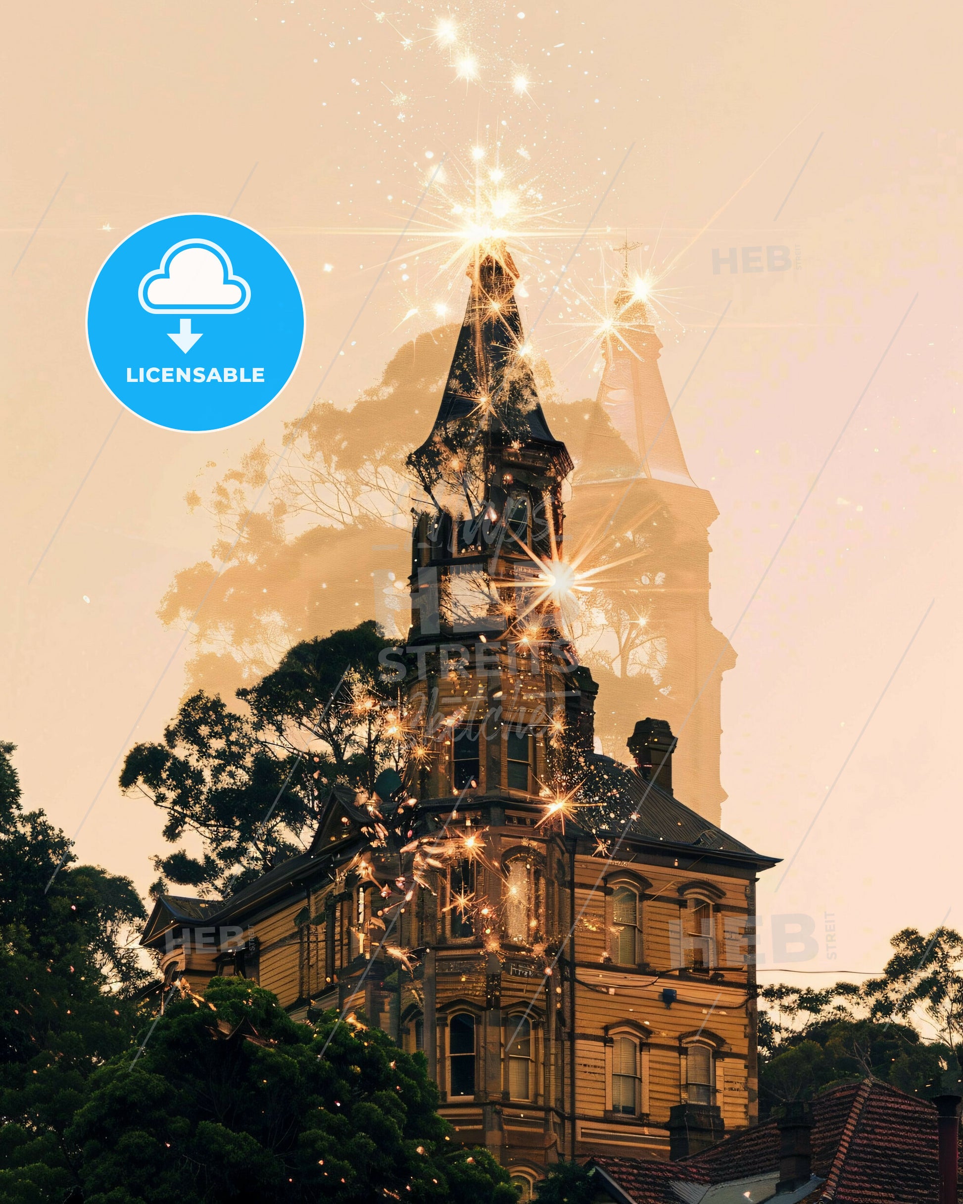 Port Macquarie Skyline Art - Vibrant Beige Sparks - A building with a tower and trees