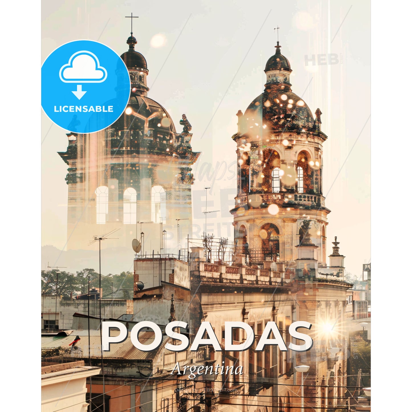 Posadas Skyline Art: City Icons in Radiant Beige - A double exposure of a building with a dome and a roof - Square format print template