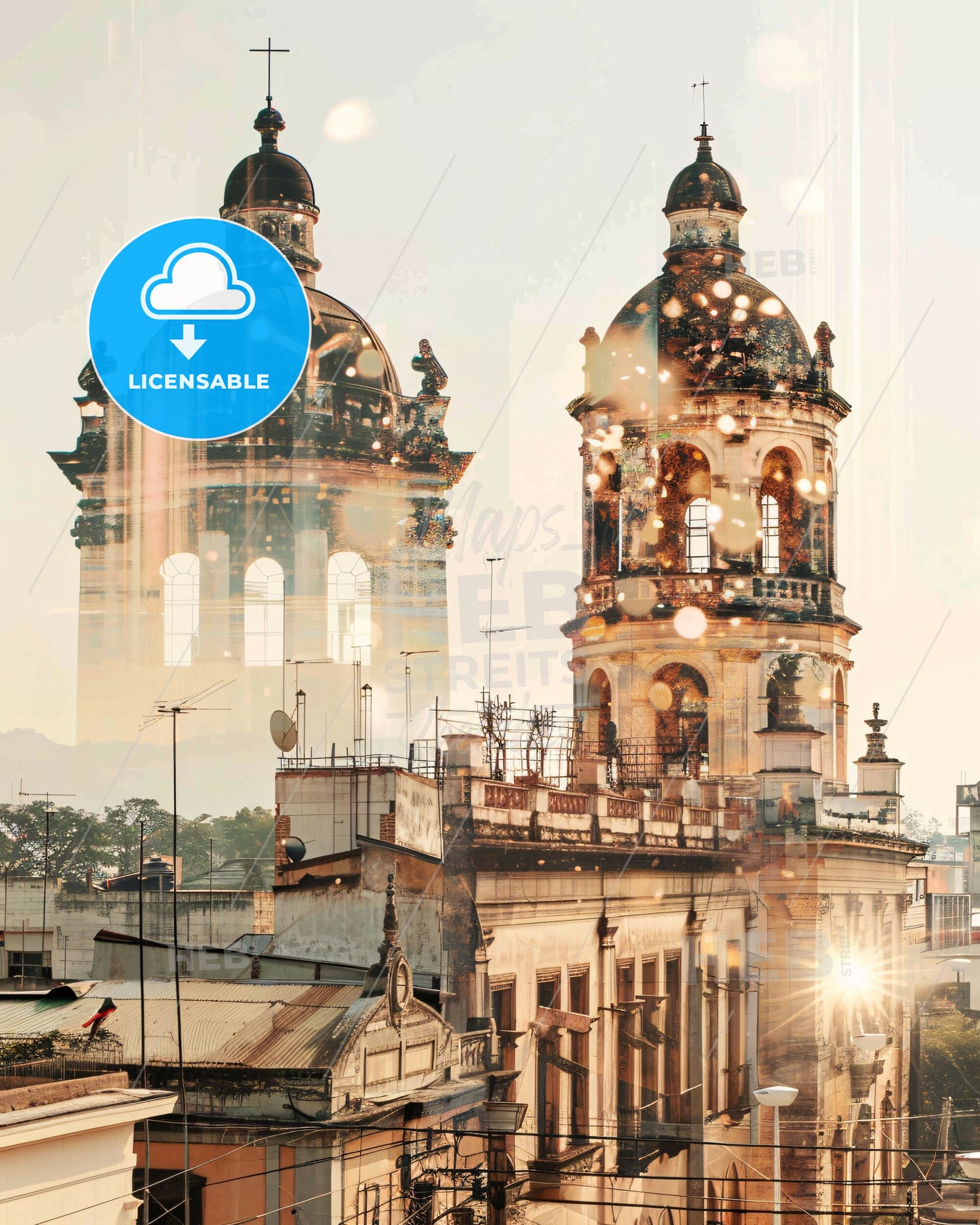 Posadas Skyline Art: City Icons in Radiant Beige - A double exposure of a building with a dome and a roof
