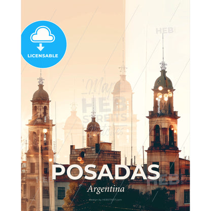 Posadas, Argentina Skyline Cityscape Poster Art - A building with towers and towers - Square format print template